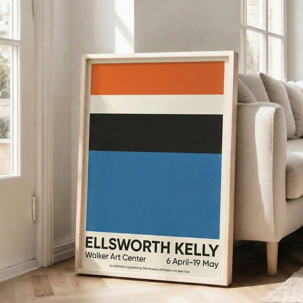 Geometric abstract print in minimalist style, featuring balanced orange, cream, and black forms.