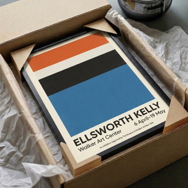 Minimalist modern poster displaying abstract geometric composition in warm orange tones with black and blue accents.