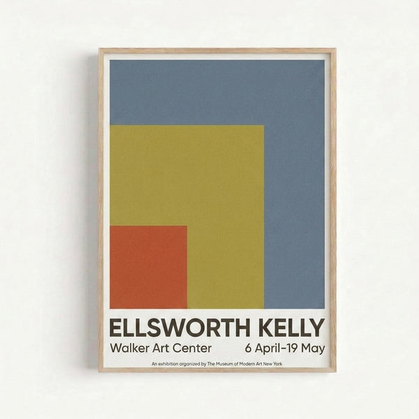 Modern art print on wall displaying pure geometric composition with layered rectangular color blocks in sophisticated muted tones of blue, gold, red, and off-white.