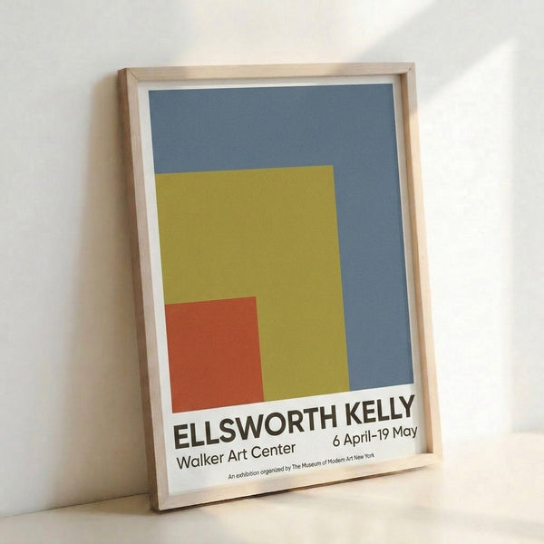 Bauhaus-style framed artwork showing clean geometric abstraction with distinct color fields in slate, rust, yellow, and cream arranged in disciplined rectangular forms.