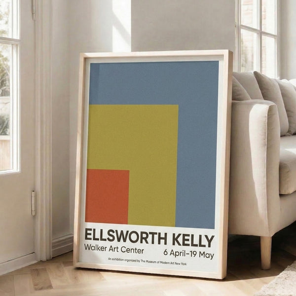 Minimalist wall art featuring color field composition with intersecting rectangles rendered in restrained palette of slate blue, golden yellow, deep rust, and cream.