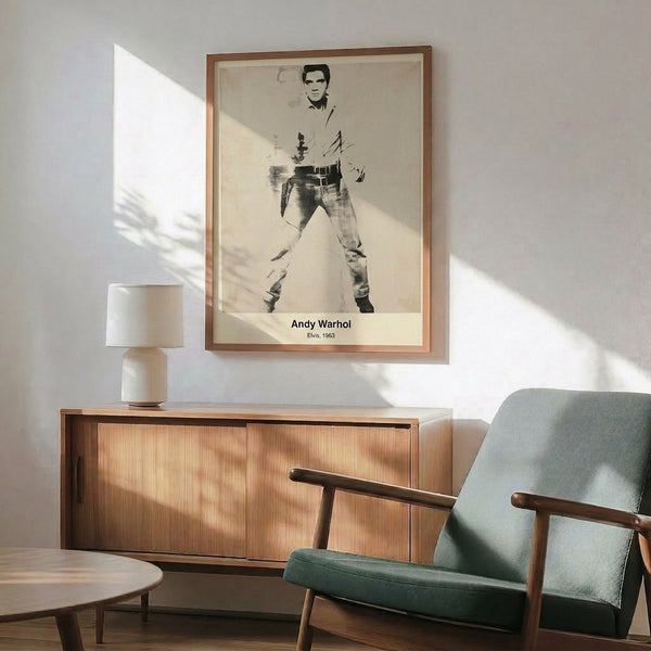 Pop art style print of a simplified facial portrait in black, white, and metallic gold, exemplifying modern and Bauhaus aesthetic sensibilities.