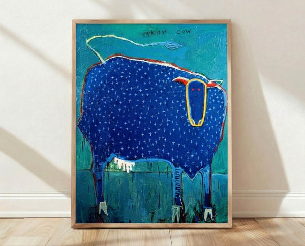Whimsical folk art poster featuring a playful cow holding a kite, rendered in naive line art style with turquoise, cobalt blue, red, and yellow accents on white background.