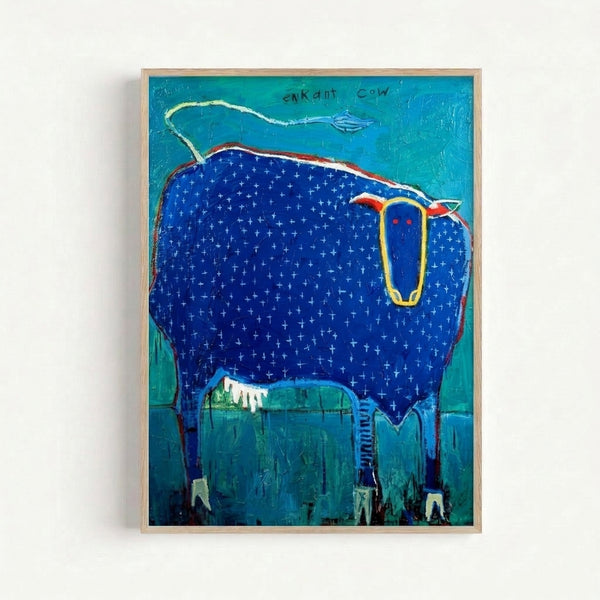 Boho-inspired framed art print of a charming cow flying a kite, drawn in minimalist folk art style with vibrant jewel tones and hand-drawn line work.