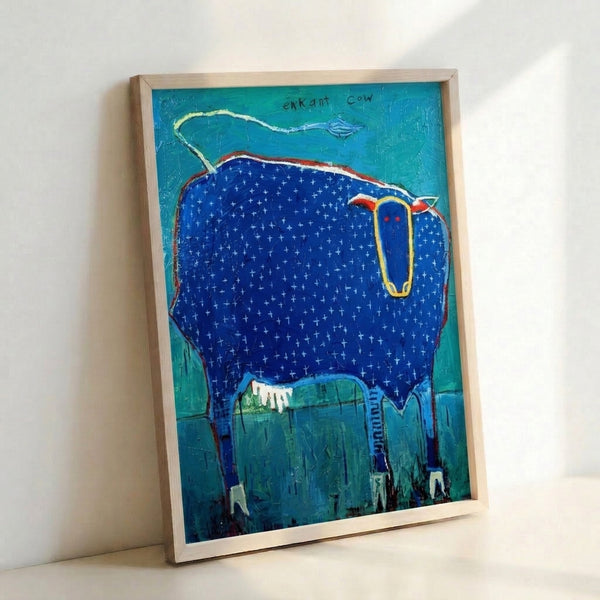Folk painting poster depicting a whimsical cow with a kite in playful naive art style, featuring turquoise and cobalt blue tones with pops of red and yellow.