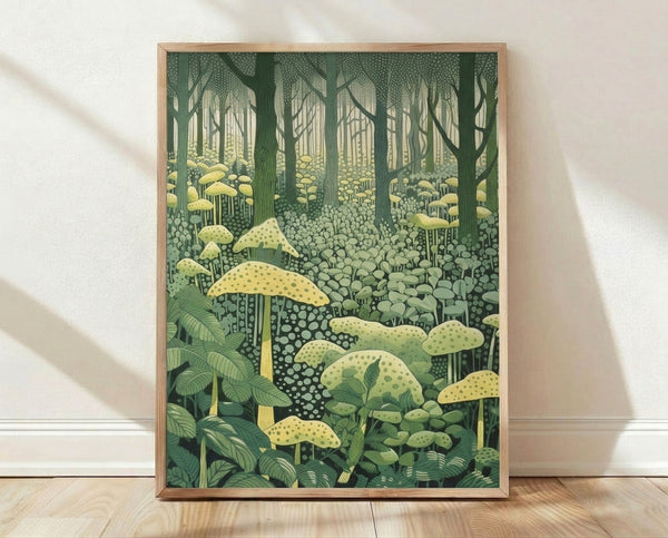 Minimalist woodland poster featuring stylized mushrooms and trees in sage green, forest green, and cream tones with a peaceful, magical aesthetic.