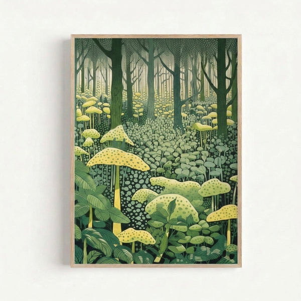 Bauhaus-inspired forest art print displaying whimsical fungi and foliage in muted greens and pale yellow on a framed wall.