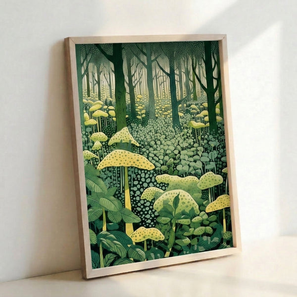 Modern linocut-style poster of an enchanted mushroom woodland in dark teal and sage green with a serene, magical mood.