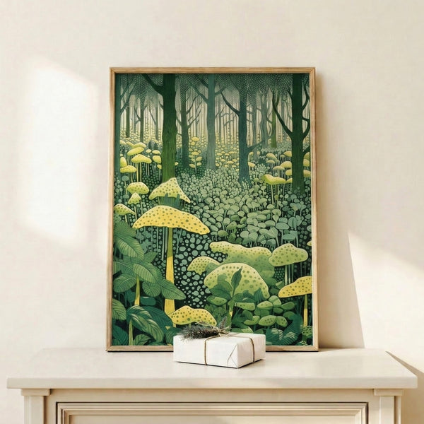 Framed minimalist forest print showcasing layered mushrooms and trees in cream, forest green, and pale yellow hues.