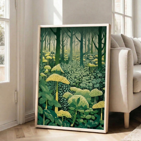 Contemporary woodland wall art with stylized fungi and forest elements in soft sage green and dark teal tones.