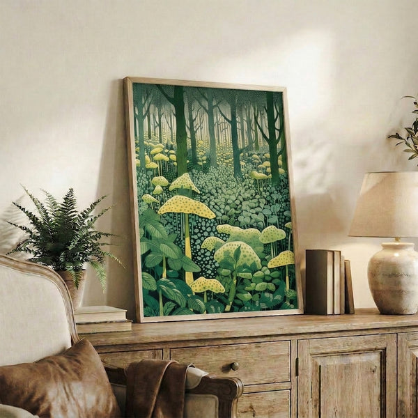 Bauhaus-influenced poster of a whimsical mushroom forest rendered in muted greens, cream, and pale yellow.