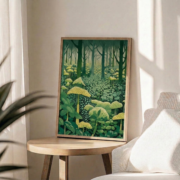 Minimalist framed print depicting an enchanted woodland with fungi and trees in peaceful forest green and sage palette.