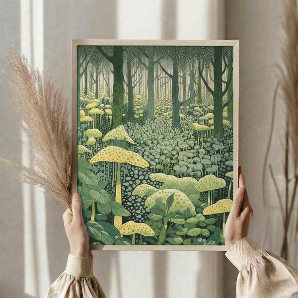 Modern art print of a magical mushroom forest with geometric Bauhaus styling in dark teal, green, and cream.
