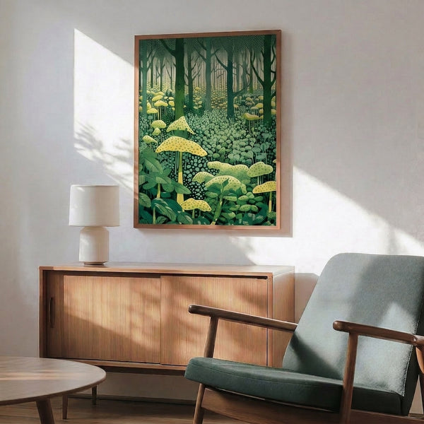 Stylized woodland poster featuring layered mushrooms and trees in a calming palette of sage green, forest green, and pale yellow.