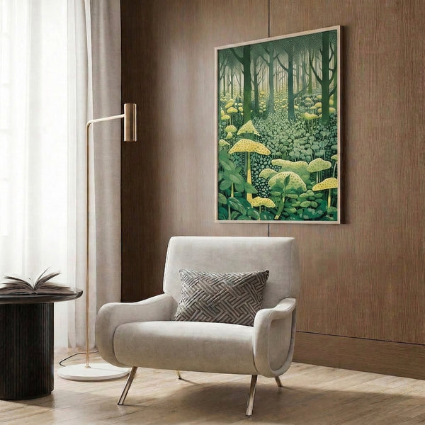 Framed minimalist forest artwork with whimsical fungi in dark teal and muted greens evoking a peaceful, enchanted mood.