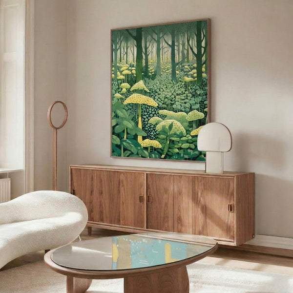 Contemporary Bauhaus-style poster of a magical mushroom woodland in soft cream, forest green, and sage tones.