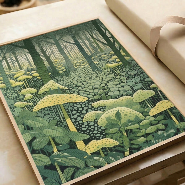 Modern linocut-inspired wall print showing an ethereal forest of stylized fungi and trees in peaceful green and cream hues.