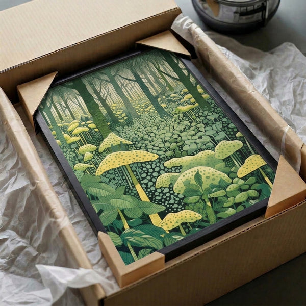 Minimalist enchanted mushroom forest poster with geometric elements in dark teal, sage green, and pale yellow on framed wall art.