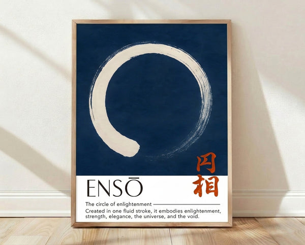 Framed minimalist poster featuring a deep indigo enso circle brushstroke on cream background, evoking Japanese zen and wabi sabi aesthetic with serene, meditative mood.