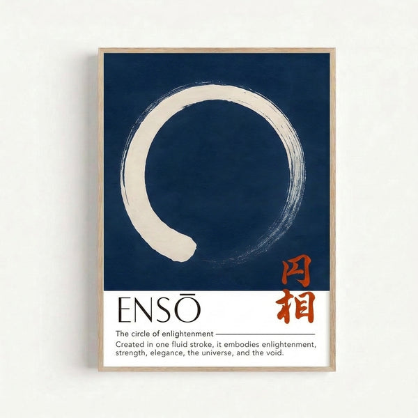 Japandi wall art print displaying a single bold indigo enso circle with subtle red-orange accent, creating a profound and calming minimalist composition.