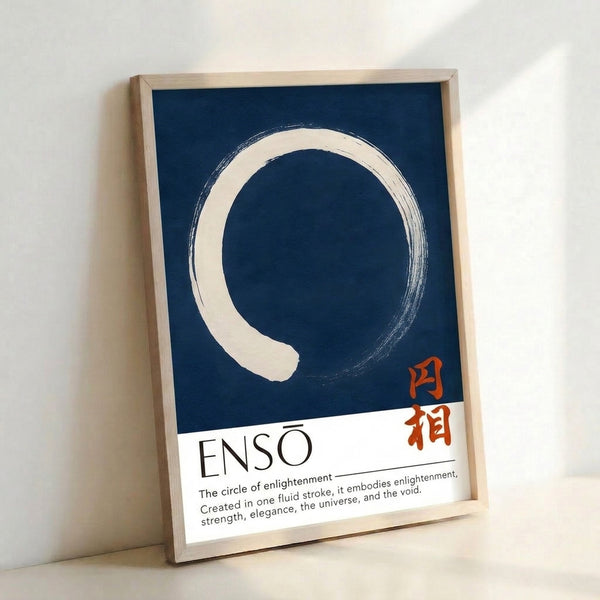 Zen circle art print on cream ground with deep blue brushwork in Japanese woodblock style, conveying peaceful and contemplative energy.