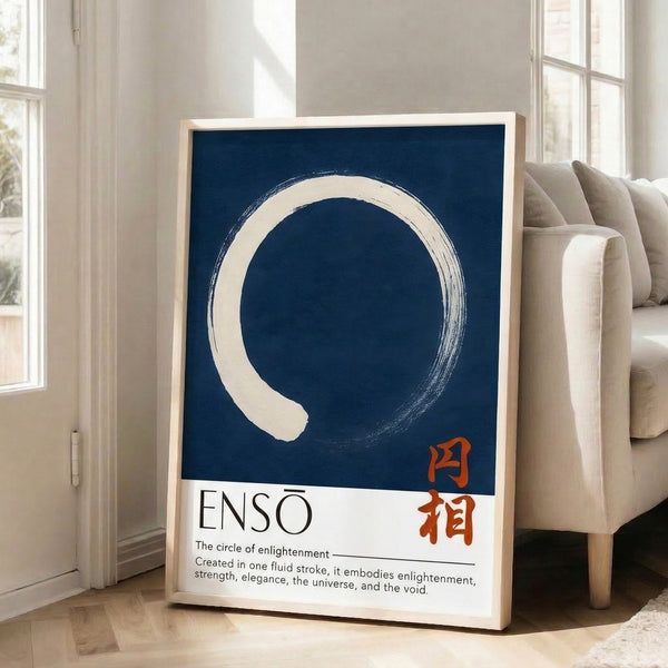 Wall art featuring a solitary deep blue zen circle with warm red-orange undertones on cream, embodying meditative simplicity and wabi sabi philosophy.