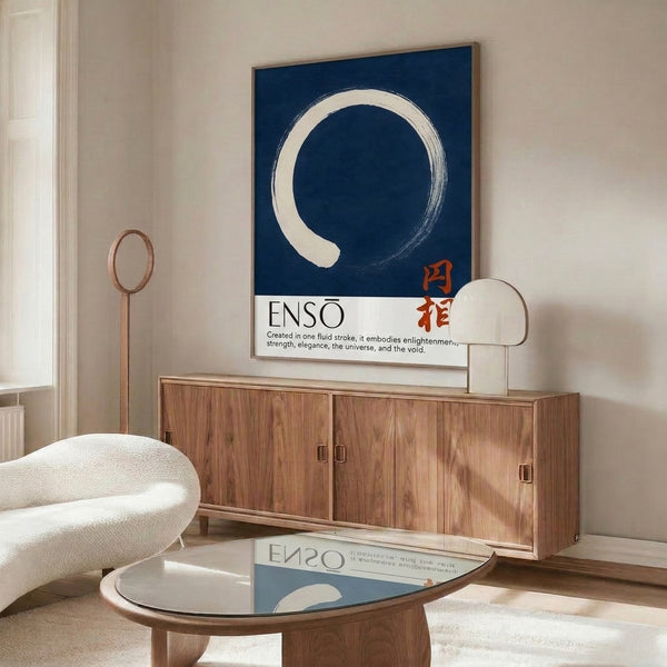 Japandi home decor print showcasing a contemplative indigo enso brushstroke circle, combining Japanese aesthetics with serene minimalist appeal.