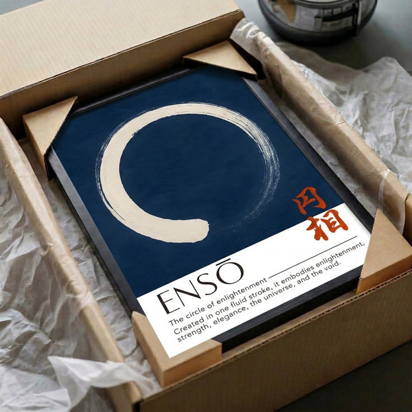 Framed minimalist art displaying a profound deep indigo zen circle on cream, capturing the essence of Japanese brush work and meditative tranquility.