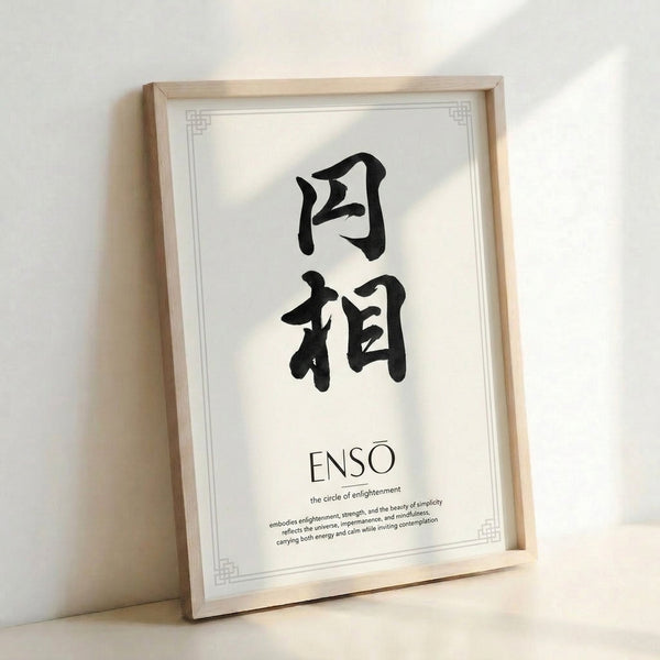 Framed cream and black enso brushstroke print, calm meditative Asian calligraphy art with minimalist japandi design.