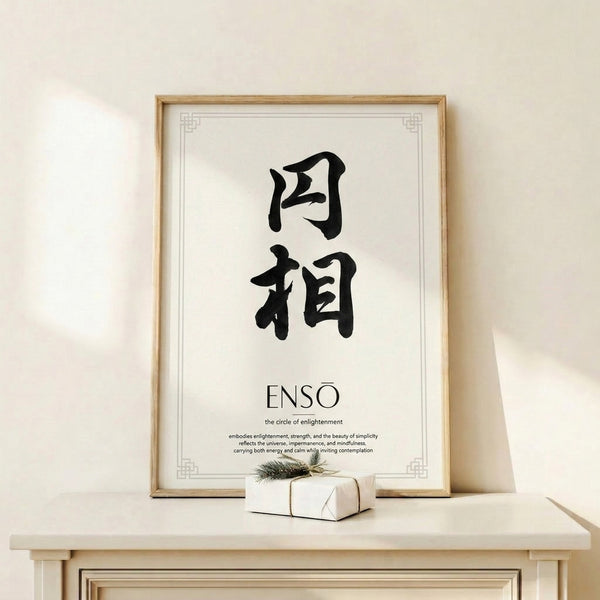 Black zen circle on cream paper, minimalist framed poster art evoking peaceful contemplative mood with wabi sabi simplicity.