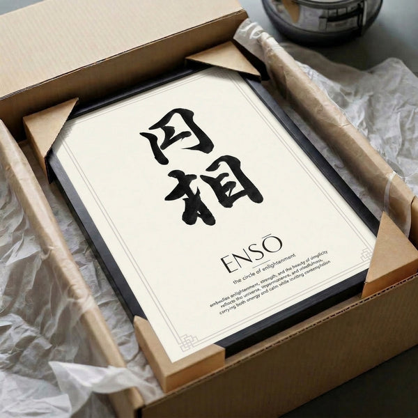 Japandi wall art poster with taupe enso calligraphy circle, minimalist meditation-inspired piece with meditative mood and clean lines.