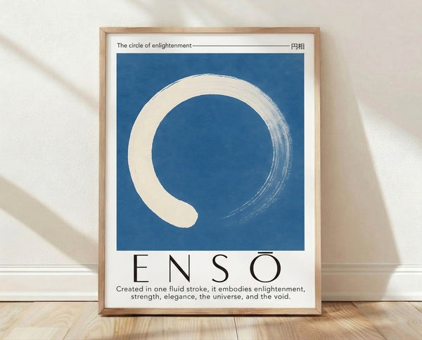 Minimalist enso circle in deep blue brushstroke on cream background, a serene zen-inspired poster embodying wabi-sabi aesthetics and meditative calm.