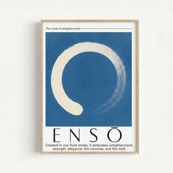 Japandi wall art featuring an elegant hand-painted enso circle in dark blue against light gray, evoking contemplative simplicity and modern minimalism.