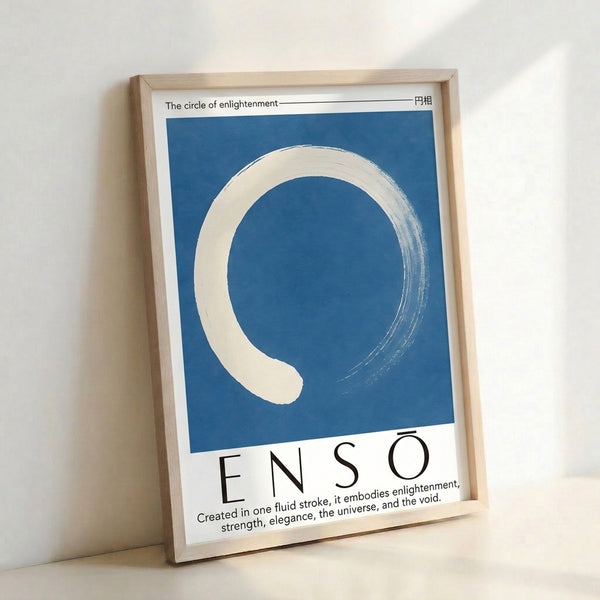 Framed poster displaying a solitary enso brushstroke circle in deep blue tones, creating a serene and sophisticated meditation focal point for contemporary interiors.