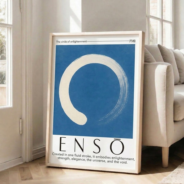 Zen circle print in minimalist style with cream and white tones accented by deep blue, capturing the contemplative essence of enlightenment and peaceful elegance.