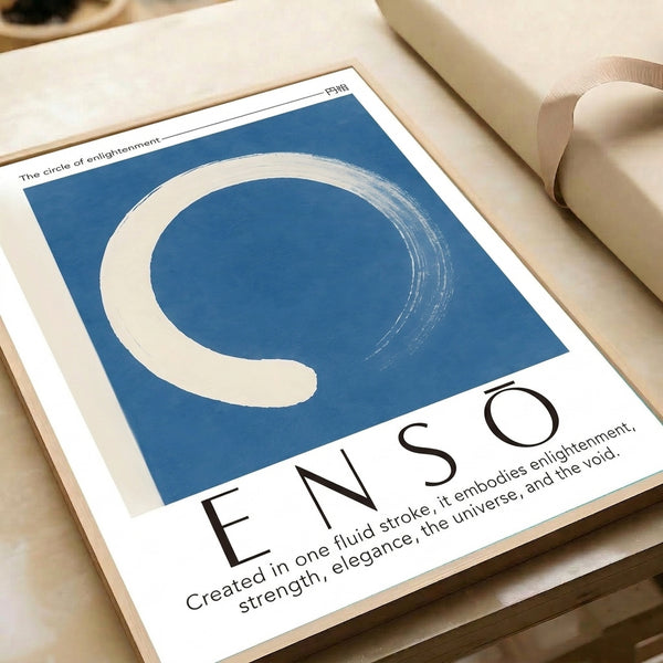 Elegant zen circle poster in deep blue and cream palette, a minimalist japandi-inspired piece that brings meditative tranquility and modern sophistication to any wall.
