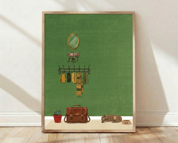 Minimalist line art poster depicting a cozy entryway scene with a dog, mirror, key holder, scarf, gloves, and succulent plant in sage green, cream, and warm earth tones.