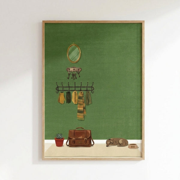 Modern japandi-style framed print showing an organized entryway with dog, suitcase, bowl, and home accessories rendered in simple lines against a soft sage green palette.