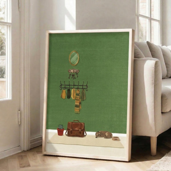 Cozy line art print depicting a serene entryway arrangement with dog, mirror, hanging scarf, and succulent in muted sage green and cream tones.