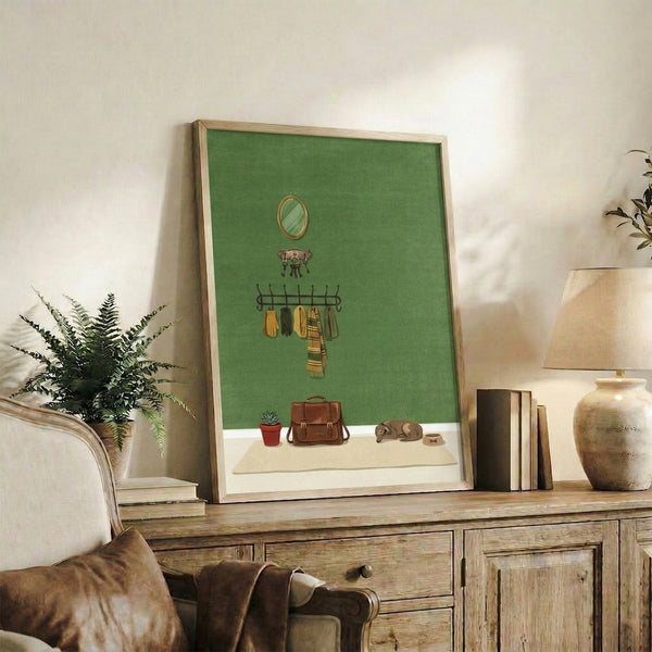 Minimalist wall art showing a dog resting in a calm entryway scene with key holder, gloves, and decorative elements in warm earth tones and soft green.
