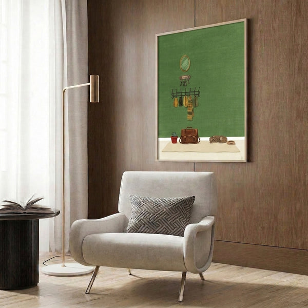 Modern line art poster of an organized, welcoming entryway featuring a dog, suitcase, succulent, and household items in sage green, cream, and warm accent colors.