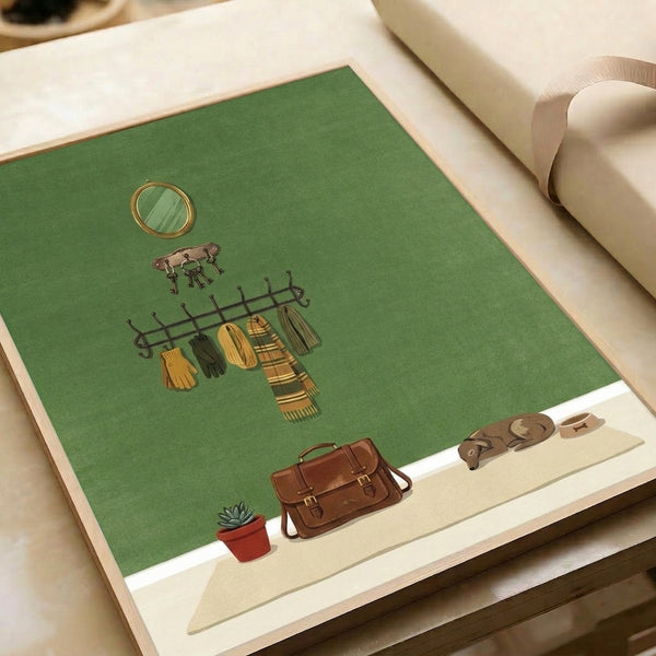 Contemporary minimalist print capturing a cozy entryway with dog, mirror, bowl, and styling accessories in soft sage green, terracotta, and mustard tones.
