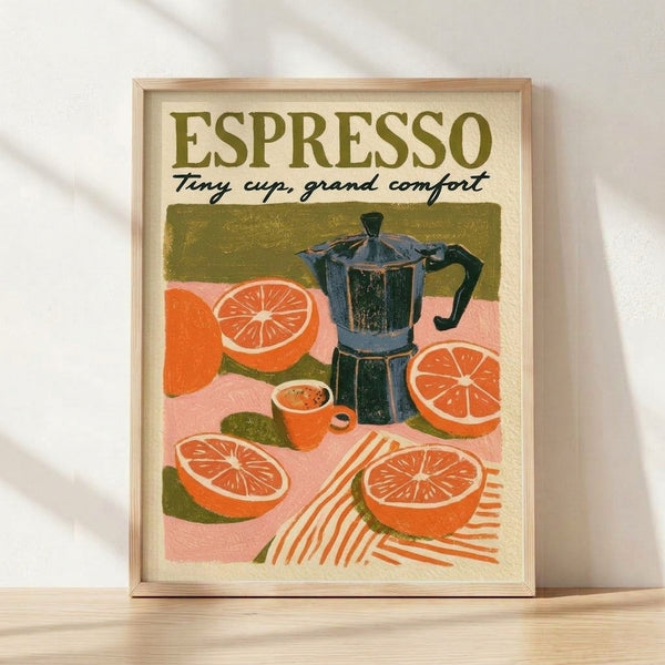 Retro art deco poster featuring a steaming espresso cup and moka pot alongside fresh grapefruit slices in warm coral, olive green, and burnt orange tones, framed on a wall.