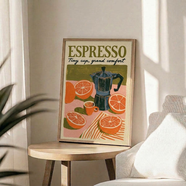 Vintage-style kitchen print with a cozy aesthetic showcasing espresso brewing equipment and citrus fruit in a sophisticated palette of navy, cream, and peachy coral hues.