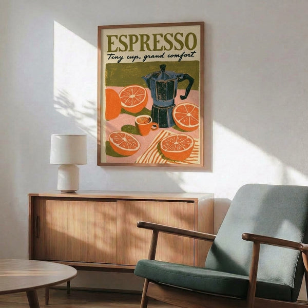 Cottagecore-inspired framed art print depicting a moka pot, espresso cup, and grapefruit in muted retro colors including olive, coral pink, and warm cream tones.