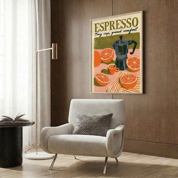 Art deco kitchen wall art combining retro charm with cheerful citrus and coffee imagery in earthy olive greens, burnt orange, and soft cream accents.