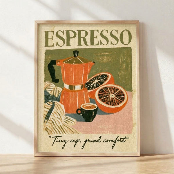 Vintage mid-century still life poster featuring a moka pot espresso maker, steaming coffee cup, fresh orange slices, and botanical leaves in warm burnt orange, olive green, cream, and blush pink tones.