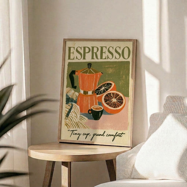 Retro kitchen art print with a cozy composition of an espresso moka pot, aromatic coffee, citrus fruit, and foliage rendered in muted mid-century palette of olive, orange, and cream.