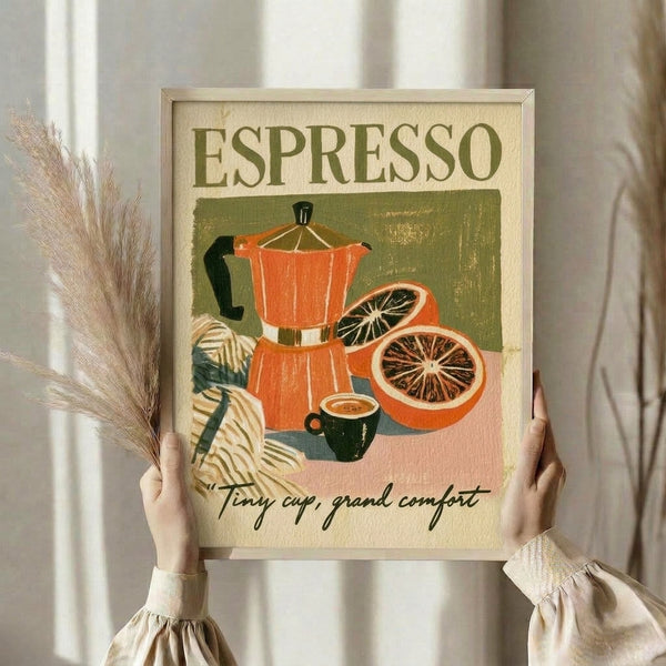 Warm and inviting mid-century modern poster depicting a classic moka pot coffee maker surrounded by a coffee cup, orange segments, and leaves in nostalgic burnt orange and sage green hues.