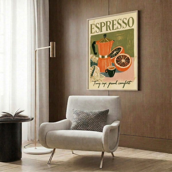 Retro-styled still life print capturing the comfort of espresso culture with a moka pot, cup of coffee, orange slices, and botanical details in vintage-inspired olive green, burnt orange, and cream colors.